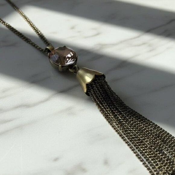 J Crew Gold Tone Chain Gemstone Tassel Pendant Necklace - Picture 6 of 6